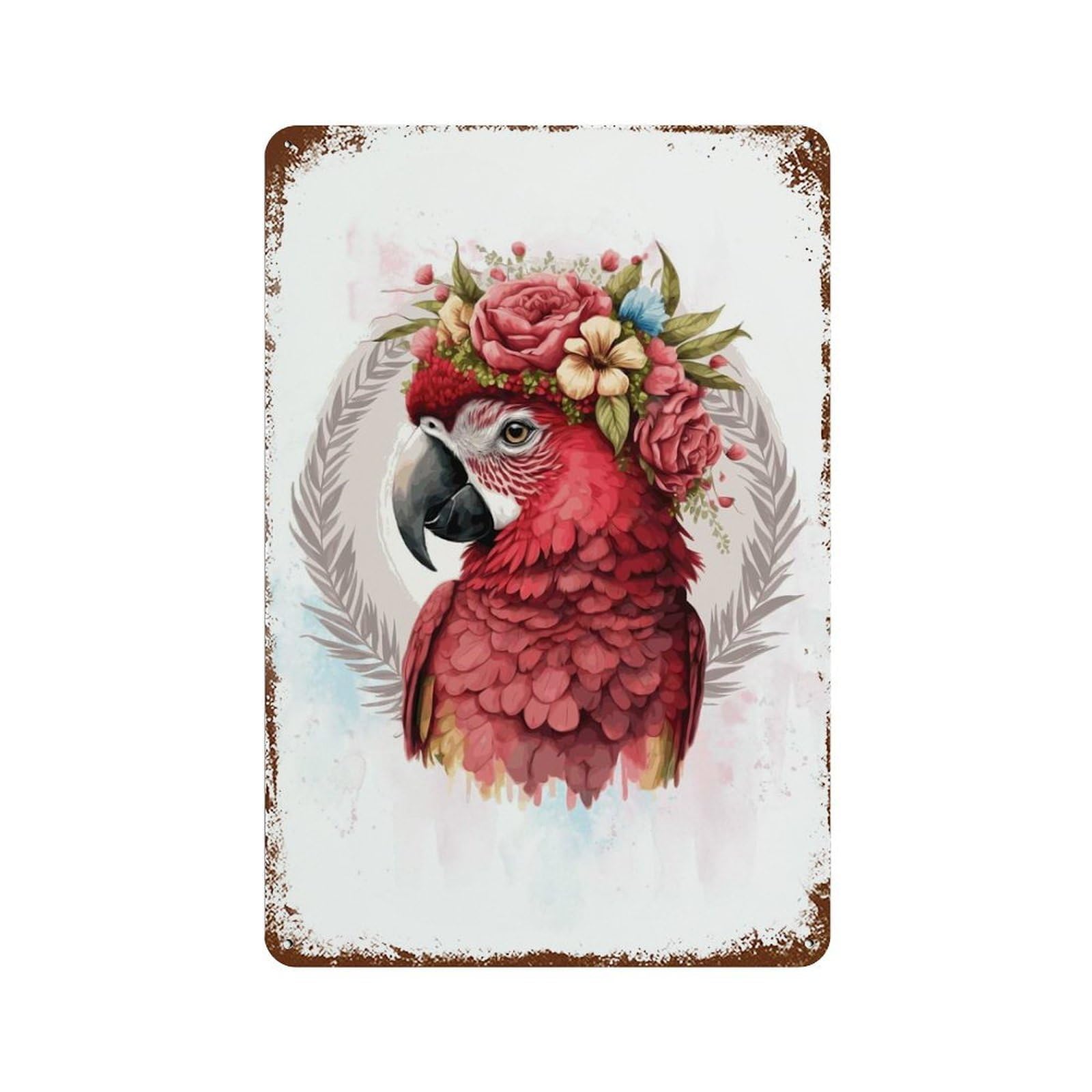 Floral Red Macaw Parrot Distressed Metal Wall Sign 11.8"x7.9", Rustic Home Decor for Living Room, Hallway And Home Decor