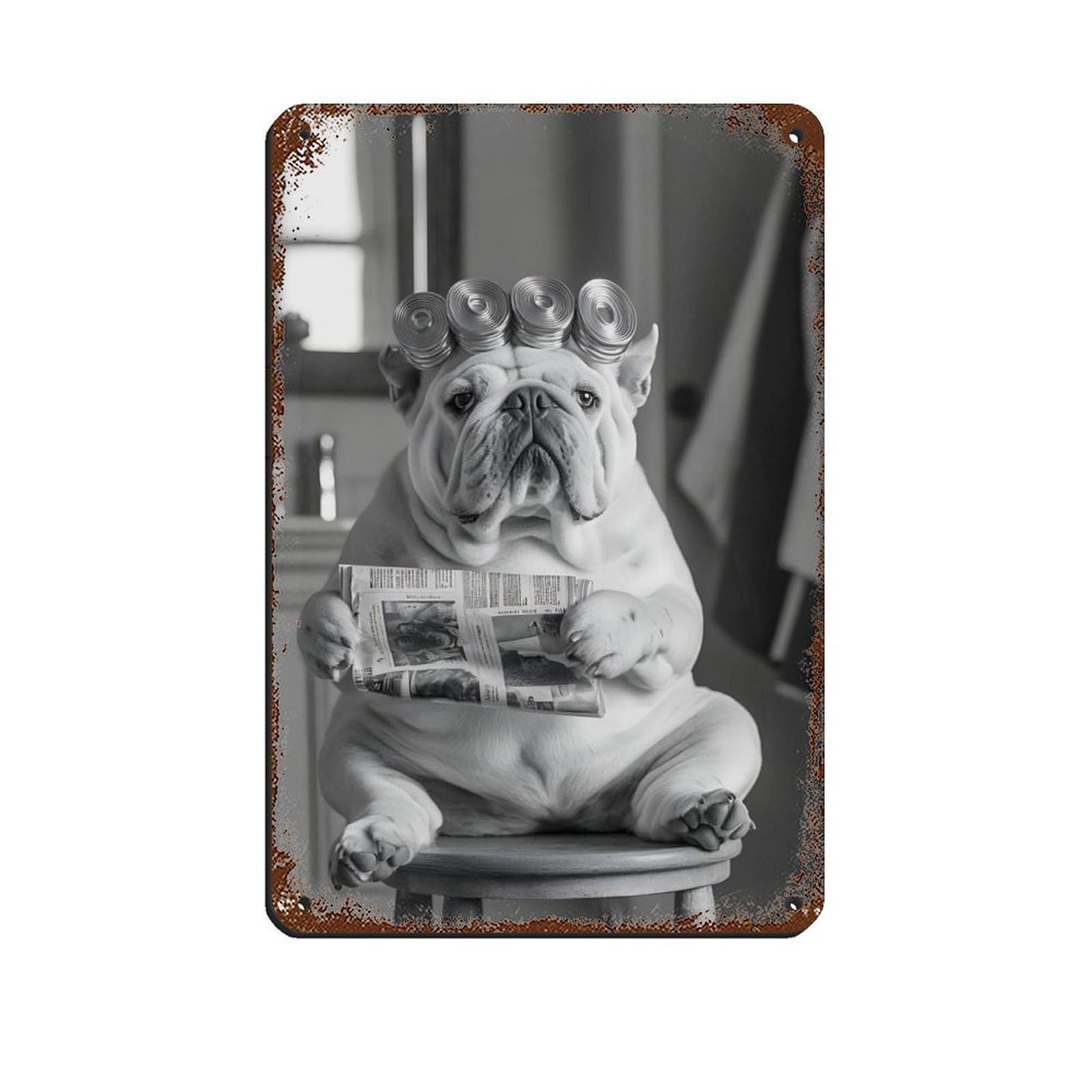 Lxwnze 20L X 30W Cm Funny Bulldog, Dog With Cans Curlers Retro Poster Metal Tin Sign Chic Art Retro Iron Painting Bar People Cave Cafe Family Garage Poster Wall Decoration 8X12inch(20X30cm)