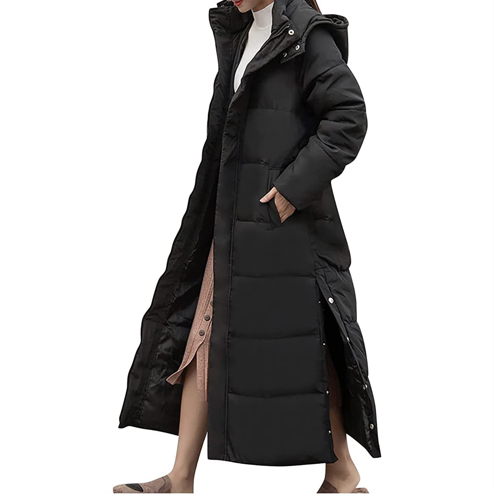 Chaqueta de Plumas Don Capucha para Mujer Abrigo Largo, Cálido y Acolchado Chaqueta de Invierno Monocromática Chaqueta Acolchada con Abertura hasta Los Tobillos Chaqueta de Plumas