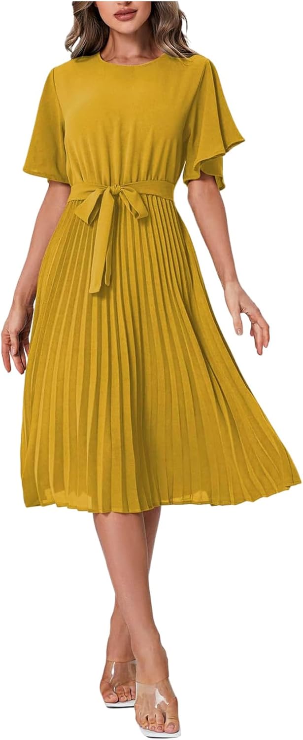 Milumia Women's Elegant Pleated Dress Crew Neck Flutter Sleeve Belted Party Maxi Dresses