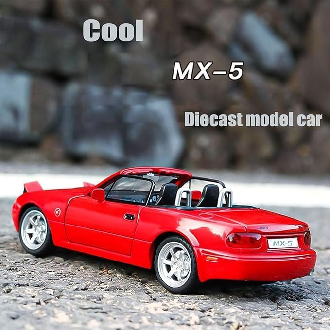 Image of 1:32 Mazda Miata MX-5 Alloy Model Car, Toy Car with Pullback, Removable Top, Blinking Lights, Toy Car with Sound and Bright Lights, Collectible Grade Gift for Kids (1:32 Mazda Miata MX-5 (Red Color))