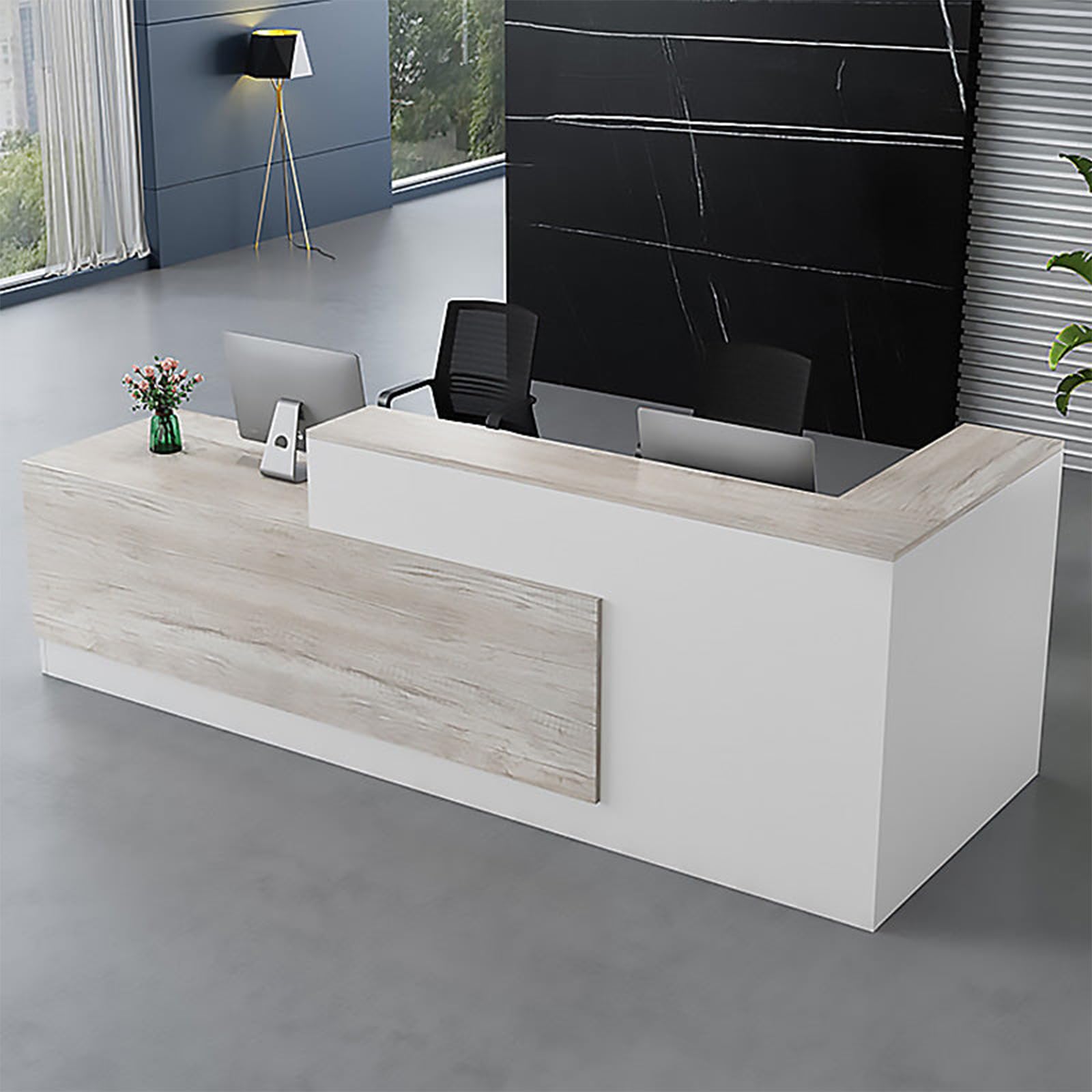 Modern L-Shaped Reception Desk with Hutch, Reception Counter Table, Lockable Drawer Door Cabinet, Office Wooden Computer Front Desk (Oak+Warm White-Right Cabinet, 94.49" L*23.62" W*41.34" H)