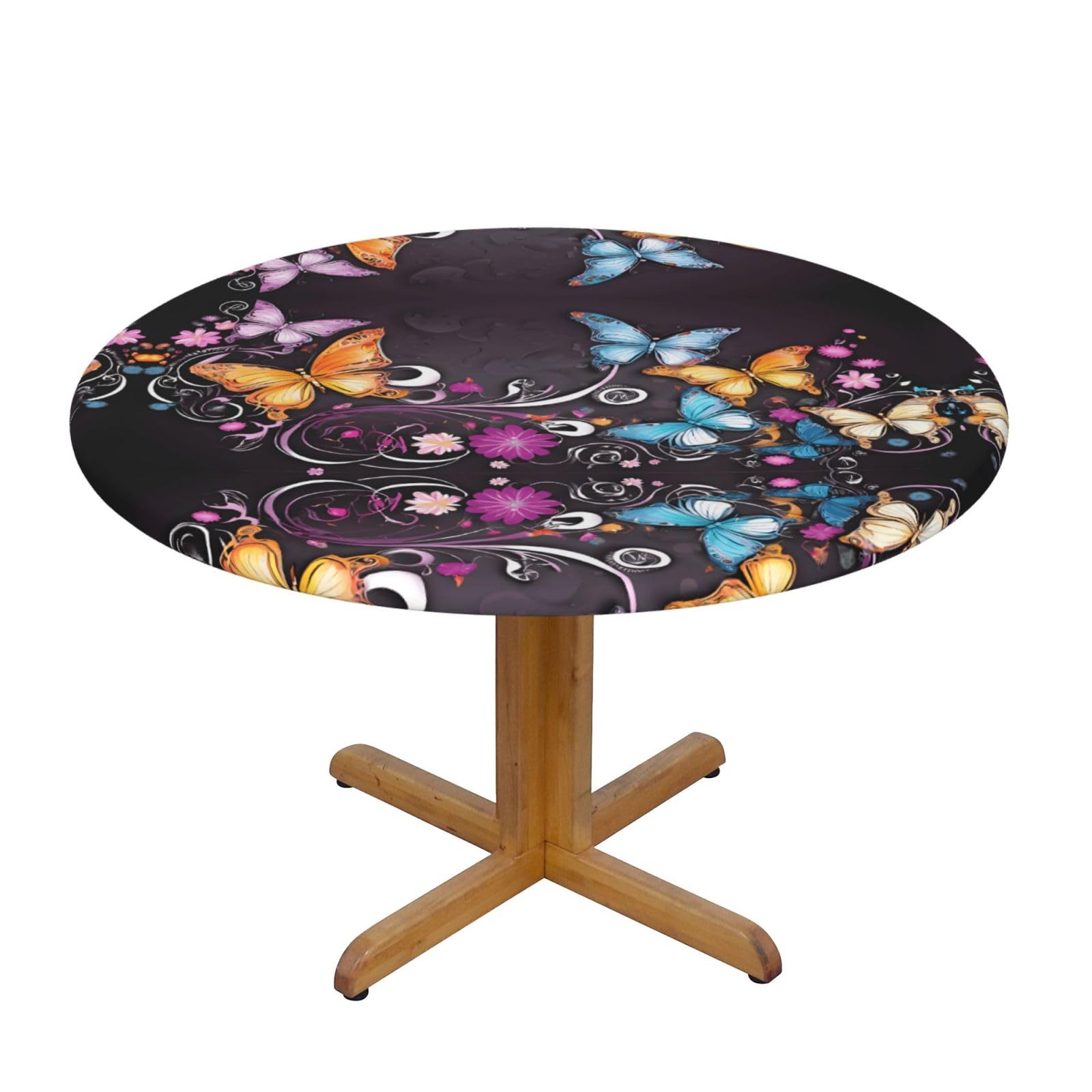ESNAIUVCD Butterflies print Waterproof Round Tablecloth,Outdoor Table Cloth with Elastic Edged, Elastic Tablecloth Wipeable, Garden Table Cloth Suitable for sizes 90cm-140cm