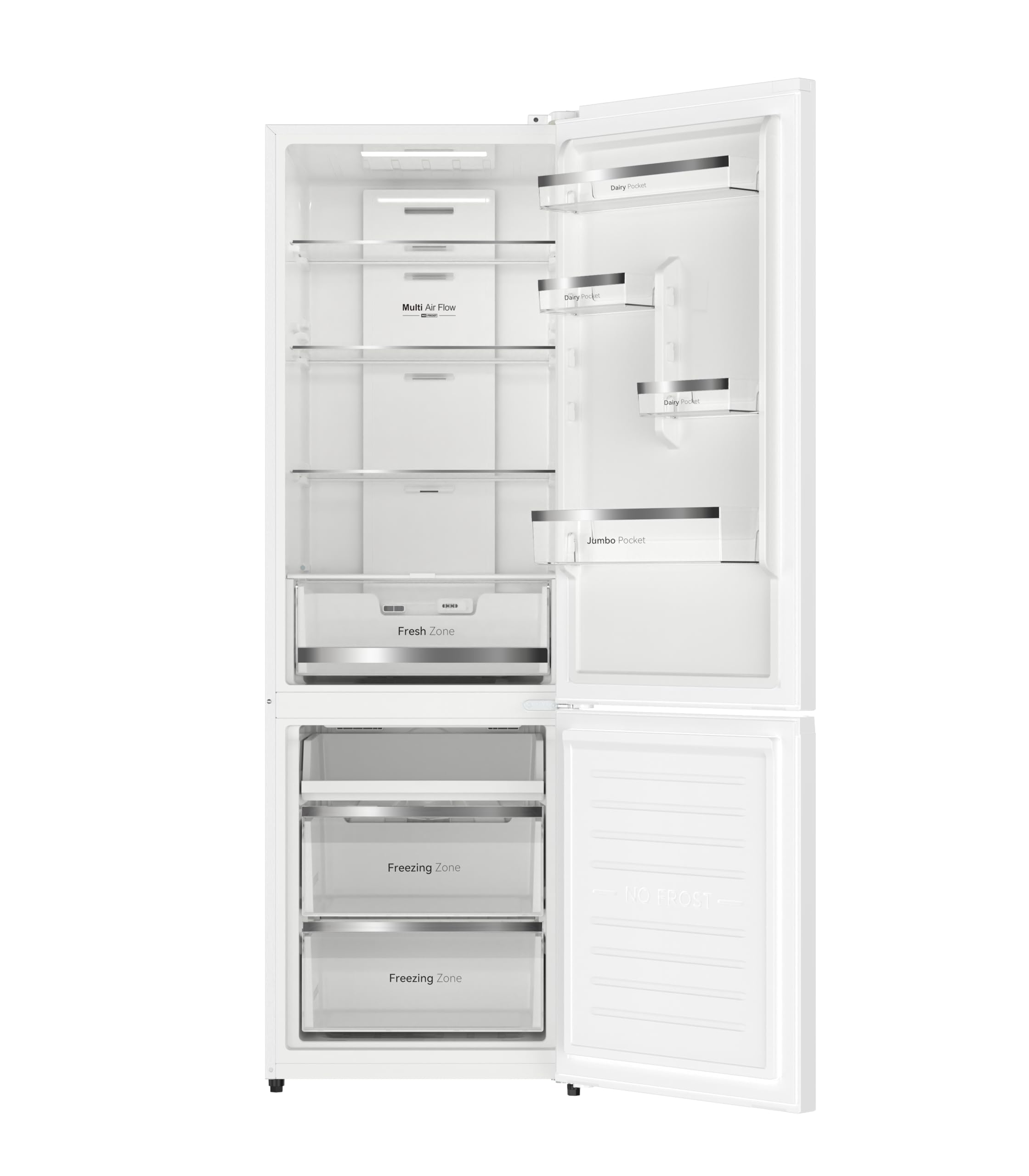 VOK Frigorífico Combinado No Frost 405L en 185.5cm - Compresor Inverter Silencioso 37dB, MaxVolume, Zona 0°C, Multi Air Flow, Clase E, Blanco, EVR-405NEW