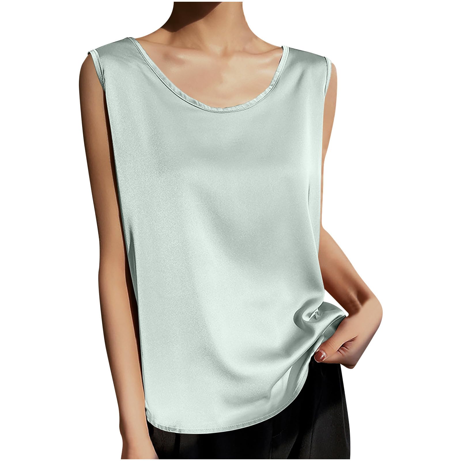 Summer Tank Tops for Women Silk Satin Comfort Shirts Sleeveless Crewneck Basic Tank Shirts Women Dressy Blouse Loose