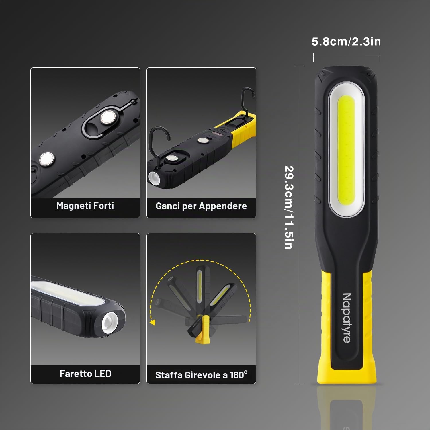 Lampada da Lavoro LED Ricaricabile, 6000 mAh Lampada di Ispezione con Magneti e Ganci, 5 Modalit 1000 Lumen Portatile Torcia da Lavoro per Riparazione Auto/Campeggio/Emergenza