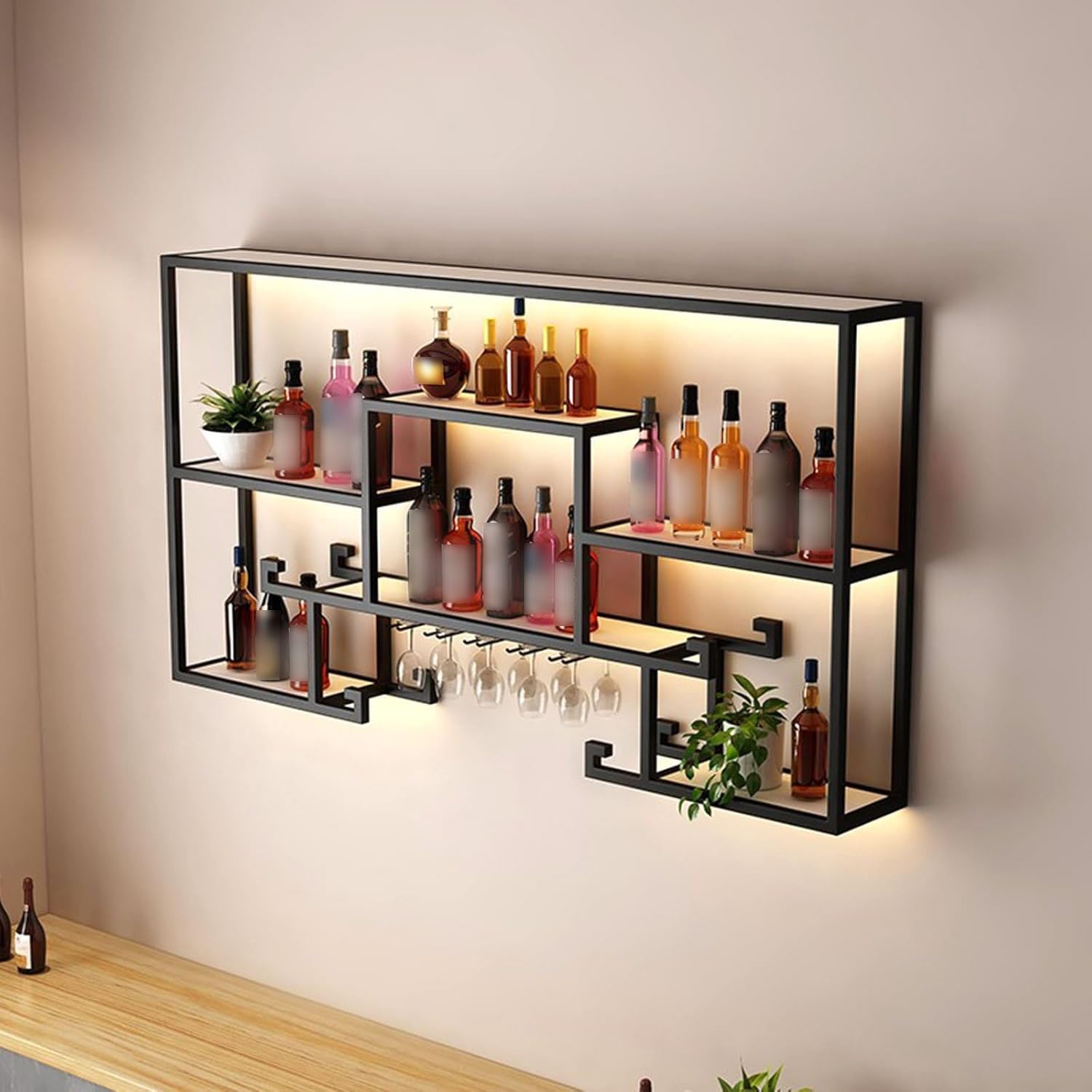 Estante de metal montado en la pared para botellas de vino y vasos, estante multifuncional para exhibición de licor con soporte de vidrio (120 cm), elegante almacenamiento de vino para el hogar, bar y