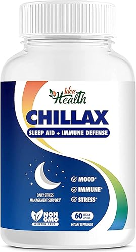 Miniatura 1 de Chillax Stress Ansiedad Mood  Sleep Aid + Immune Defense, fórmula 8 en 1, con melatonina, L-teanina, zinc, vitamina D3, saúco 60 cápsulas veganas
