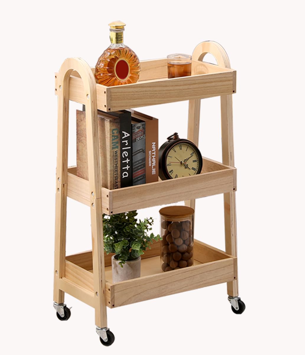 OnePTY 3-Tier Rolling Craft Cart, light-colored wood, Sturdy, Waterproof, with Wheels, for Kitchen, Bathroom, Laundry