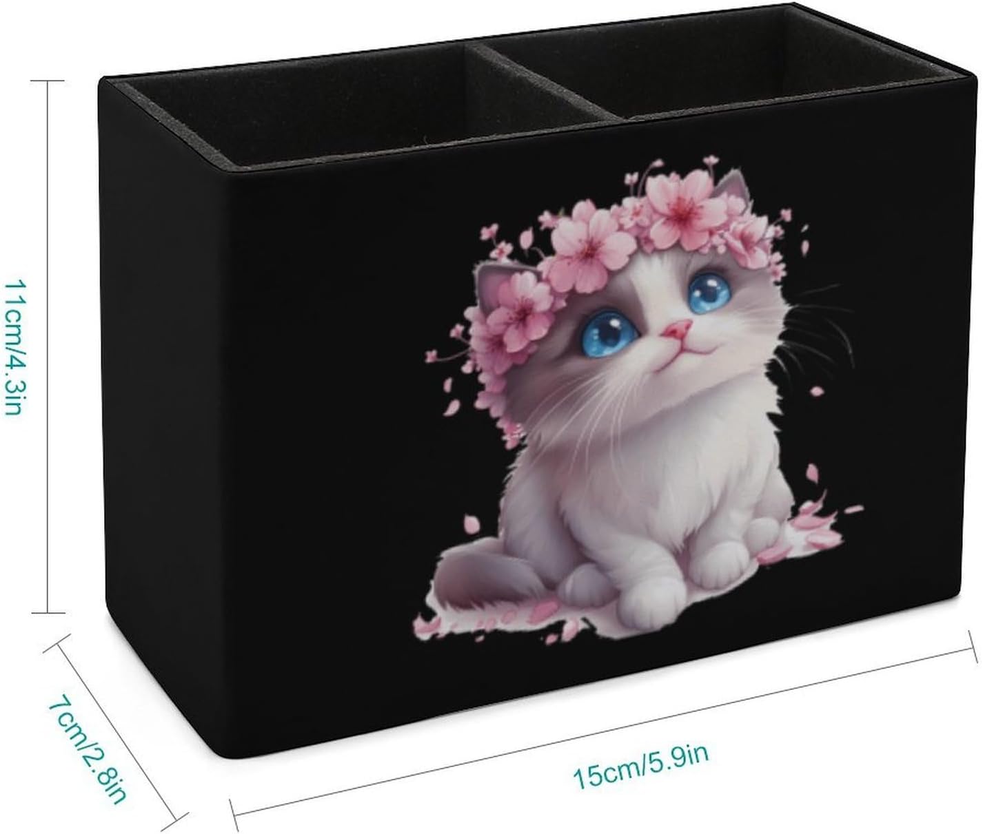 Cute Cat Cherry Flowers Pencil Pen Holder PU Leather Desk Storage Organizer Makeup Brush Box
