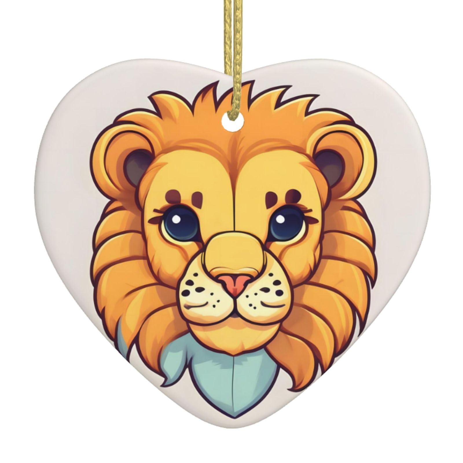 Cartoon Cute Little Lion Ceramic Christmas Heart Pendant with Silk Thread, Christmas Tree Home Decoration