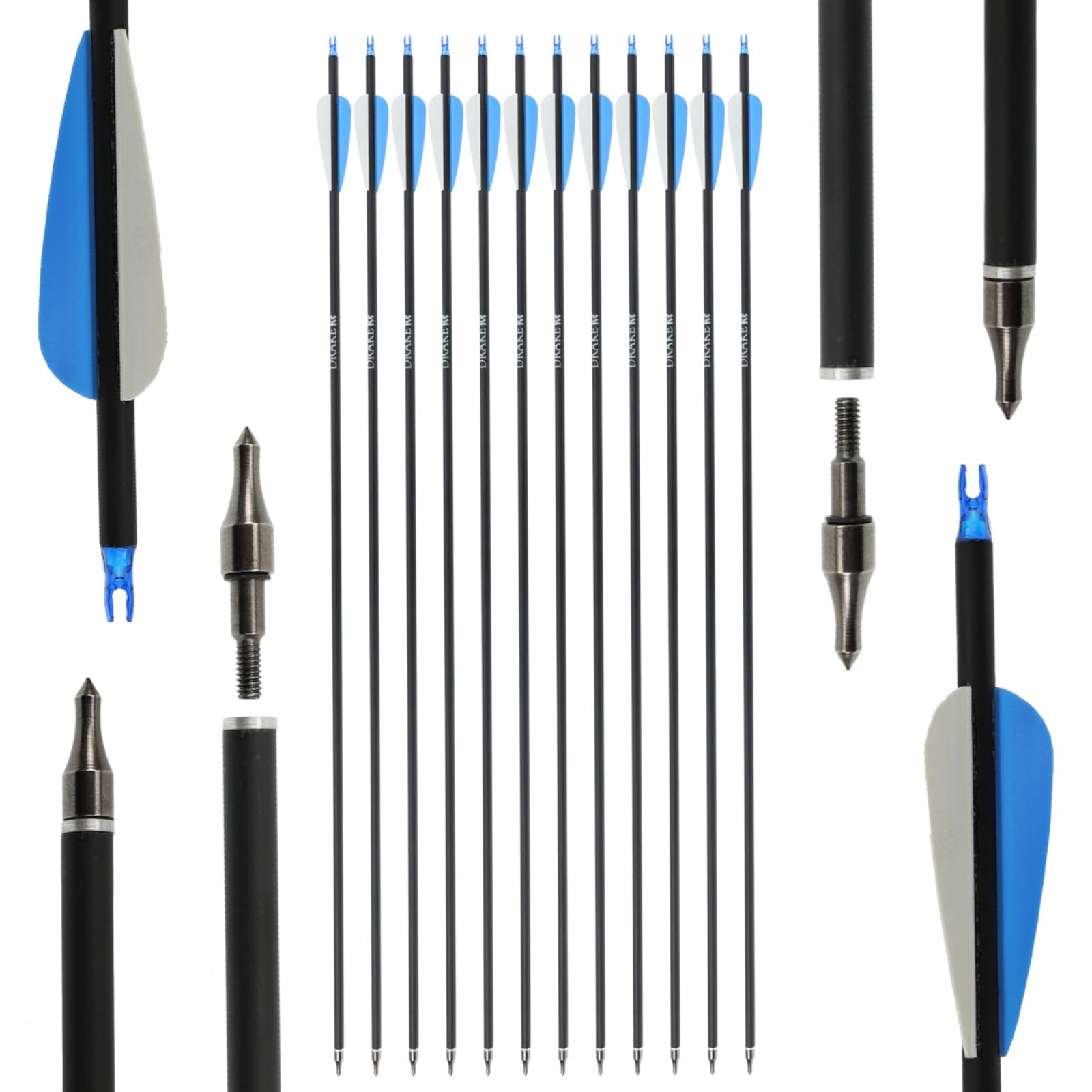 Drake Ice Carbon-Hybrid Pfeile 12 Stück – 28/30/32 Zoll – Komplettpfeile für Recurvebogen, Compoundbogen, Sportbogen – Bogen Pfeile für Bogenschießen – Trainingspfeile Jagdpfeile Outdoor