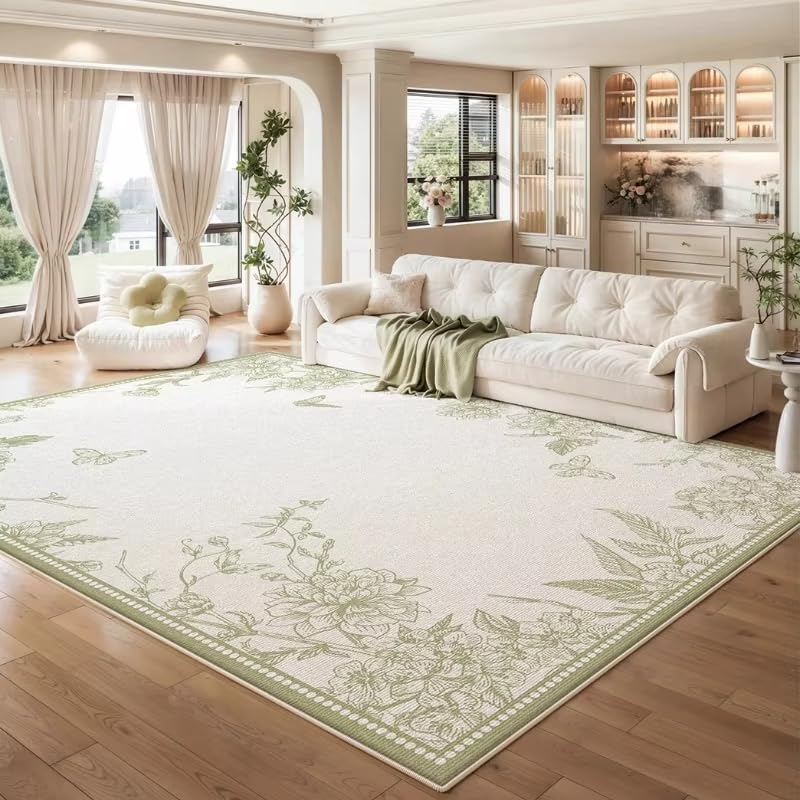 Tapis vert à fleurs 180x250 cm crème style scandinave pour salon