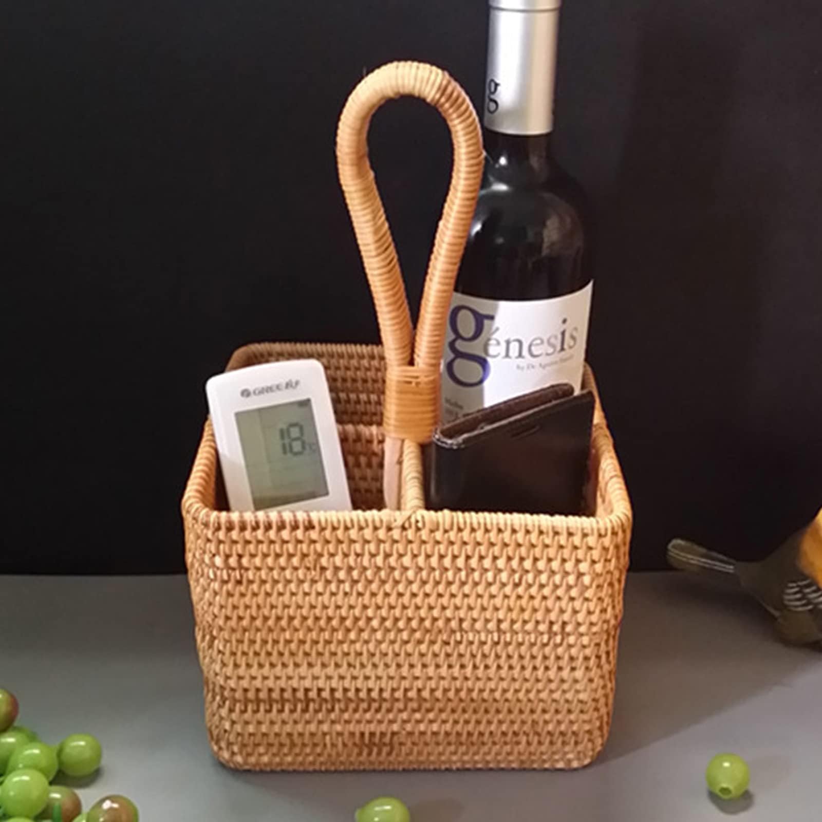 YLME Cesta de Mimbre, Caja de Almacenamiento, Cesta para Cubiertos de Cocina, Estante para Almacenamiento de Vino,A