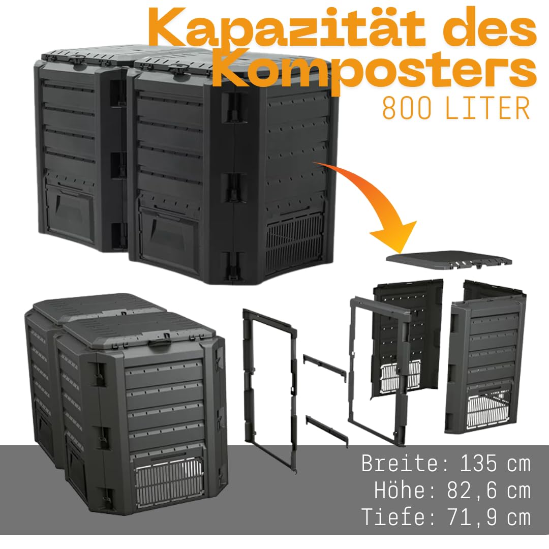 FORTENA Modul-Komposter 800L oder 1200L Schwarz Schnellkomposter Gartenkomposter Wettersicher (800L)