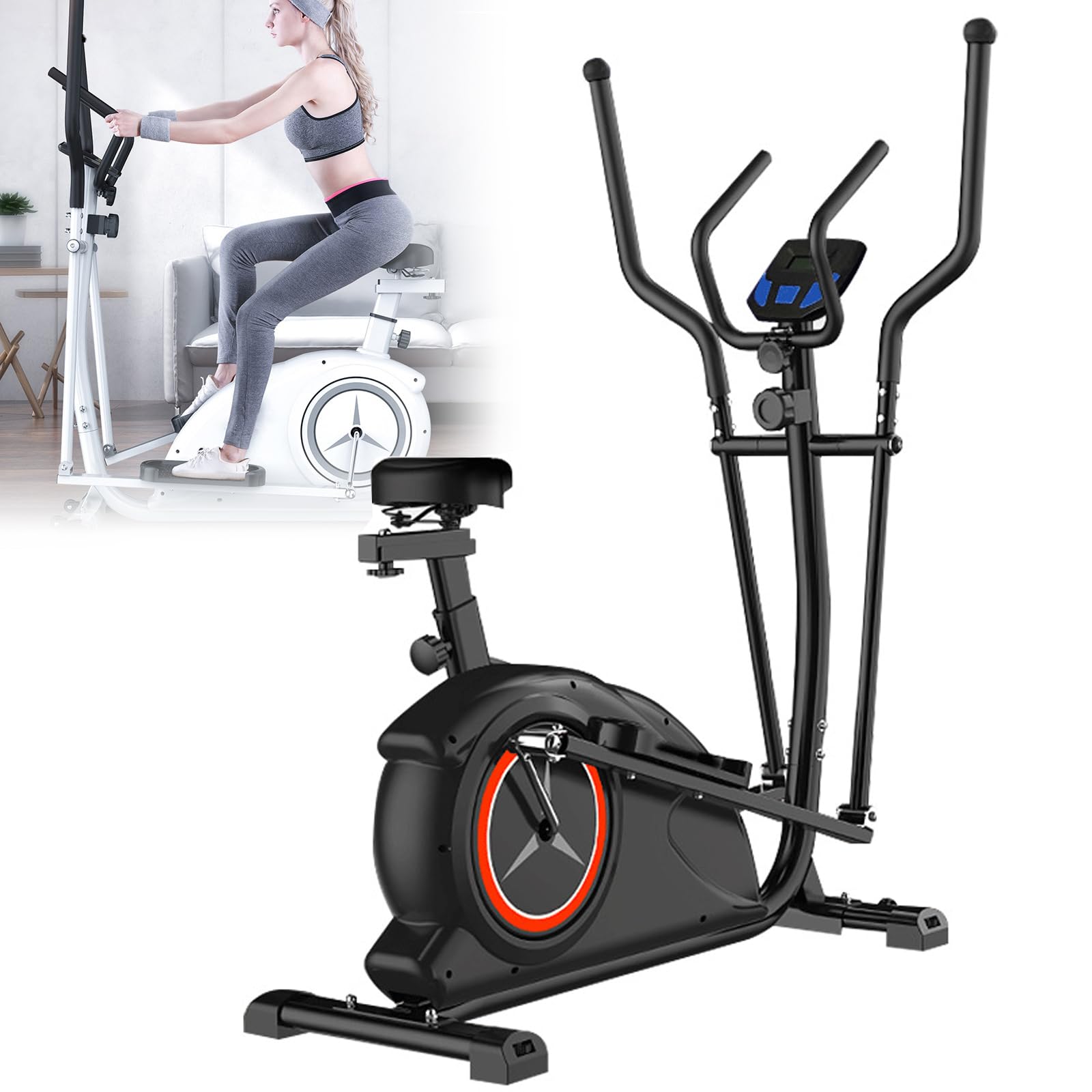 Elíptica magnética para uso doméstico, 8 niveles de resistencia, diseño compacto que ahorra espacio con mango ajustable y asiento para cardio