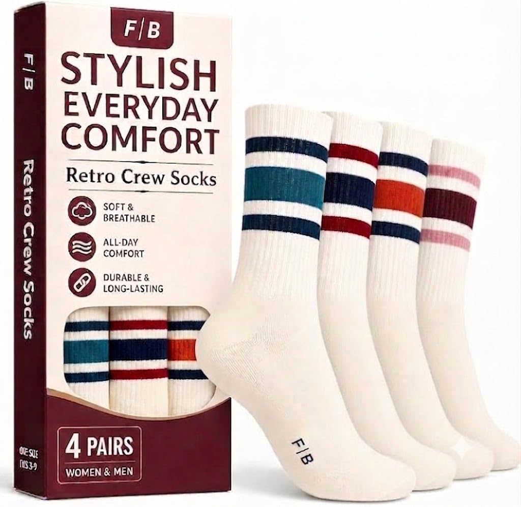 F|B Striped Retro Crew Socks for Women and Men - Pair of 5 Triple Striped Socks with Terry Cushioned Sole
