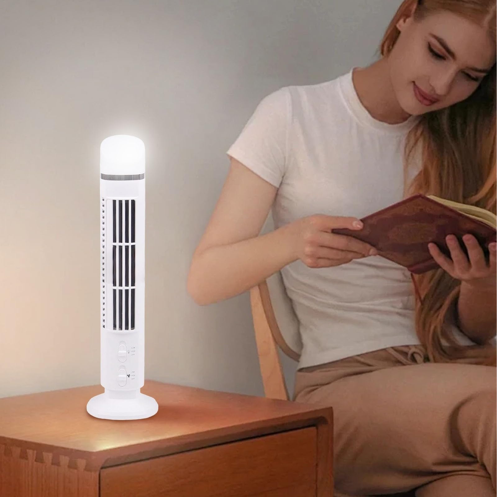 Ventilatore a torre senza pale con ricarica USB, ventilatore portatile per camera da letto, casa e ufficio, Circolatore d'aria compatto per uso interno