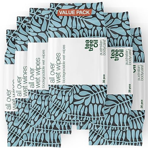 Toallitas Húmedas de Aceite de Árbol de Té - 216 Toallitas (6 Paquetes) | Limpiador para Sudor, Suciedad y Maquillaje | Refrescantes y Refrescantes | Higiene en Movimiento | Biodegradables