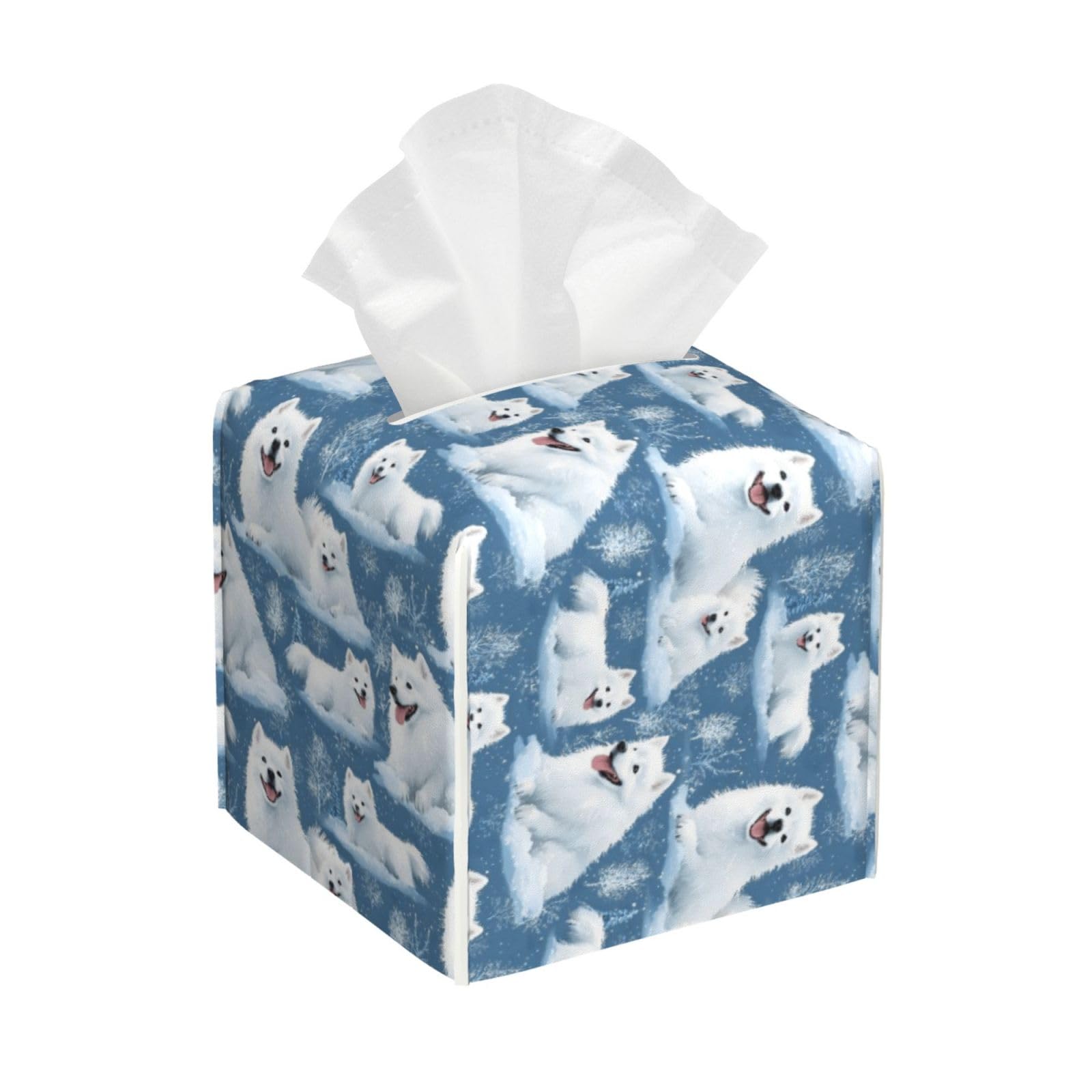 Cute Samoyed Dog Print Tissue Box Cover Holder Square, Foldable Modern Cube Tissue Box Cover, Leather Decorative Organizer for Tabletop Bathroom Car Office Desk Decor