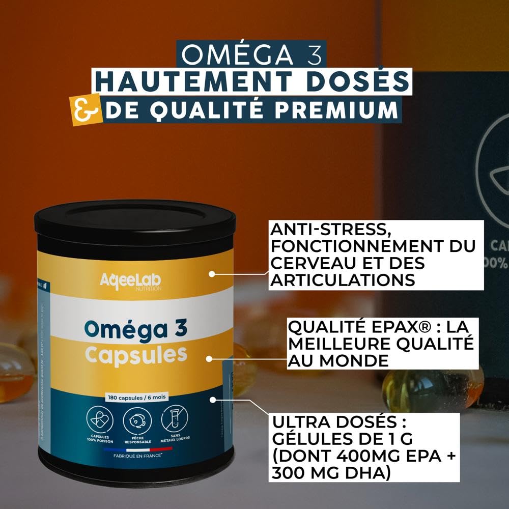 Omega 3 Epax 1000 mg • Ultra concentrés : 780 mg EPA + DHA • 180 capsules 100% poisson • 1 mois • TOTOX très bas • Pêche responsable • Fabriquée en France • Marque écoresponsable • AqeeLab Nutrition
