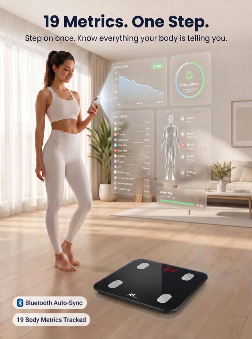 HF Bilancia Pesapersone, con 19 indici di composizione corporea Professionale Impedenziometrica Bluetooth Digitale con App Misura Peso, Massa Grassa, BMI