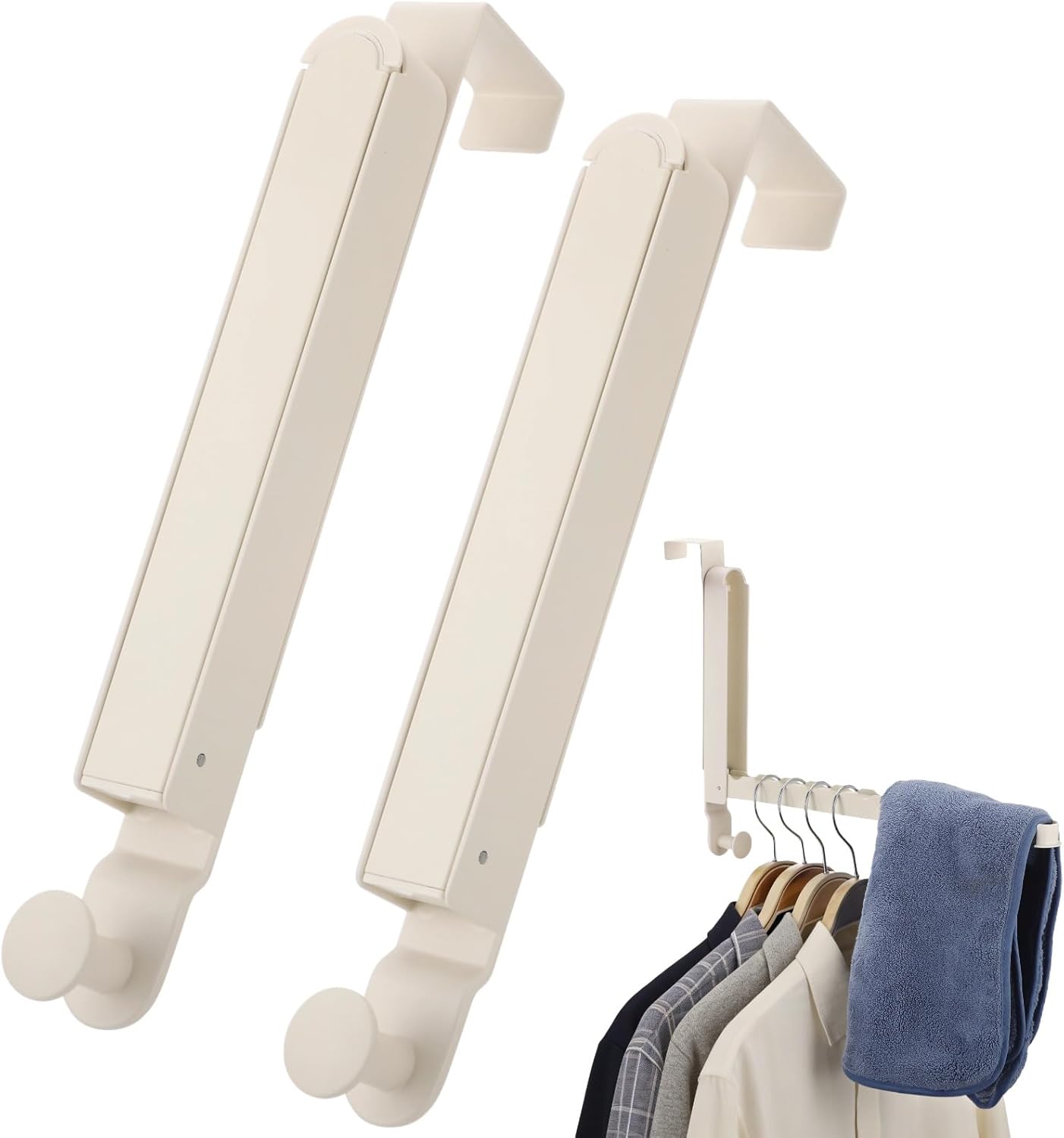 2 Pcs Over The Door Clothes Drying Rack - Aluminum Alloy Folding Over The Door Hooks, 6 Slots White Retractable Clothes Drying Rack Towels Hanging Hooks for Bathroom, Bedroom, Laundry Room, Hotel