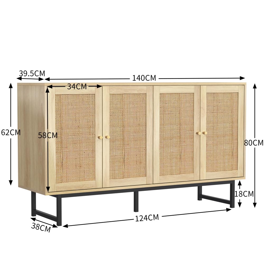 Credenza 140 x 39,5 x 80 cm con vero rattan intrecciato, armadio buffet a 4 ante per soggiorno, sala da pranzo, corridoio