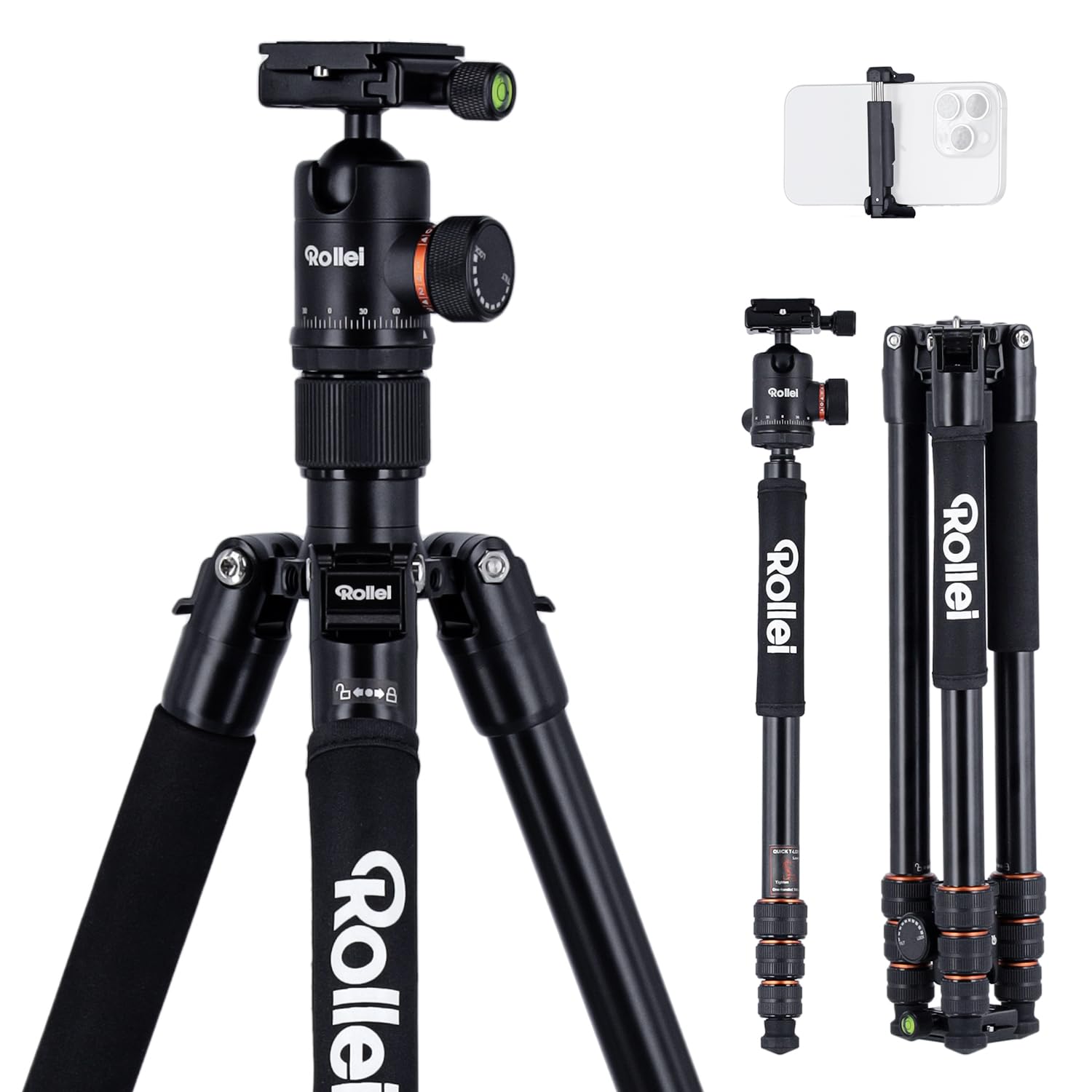 Rollei C5i Tripode Camara Nergo 158cm Trípode Cámara de Viaje en Aluminio | Tripod Ligero con Función Monopié Carga 8kg con Soporte para Movil y Cabezal Esférico 360° Tripode para DSLR y Smartphone