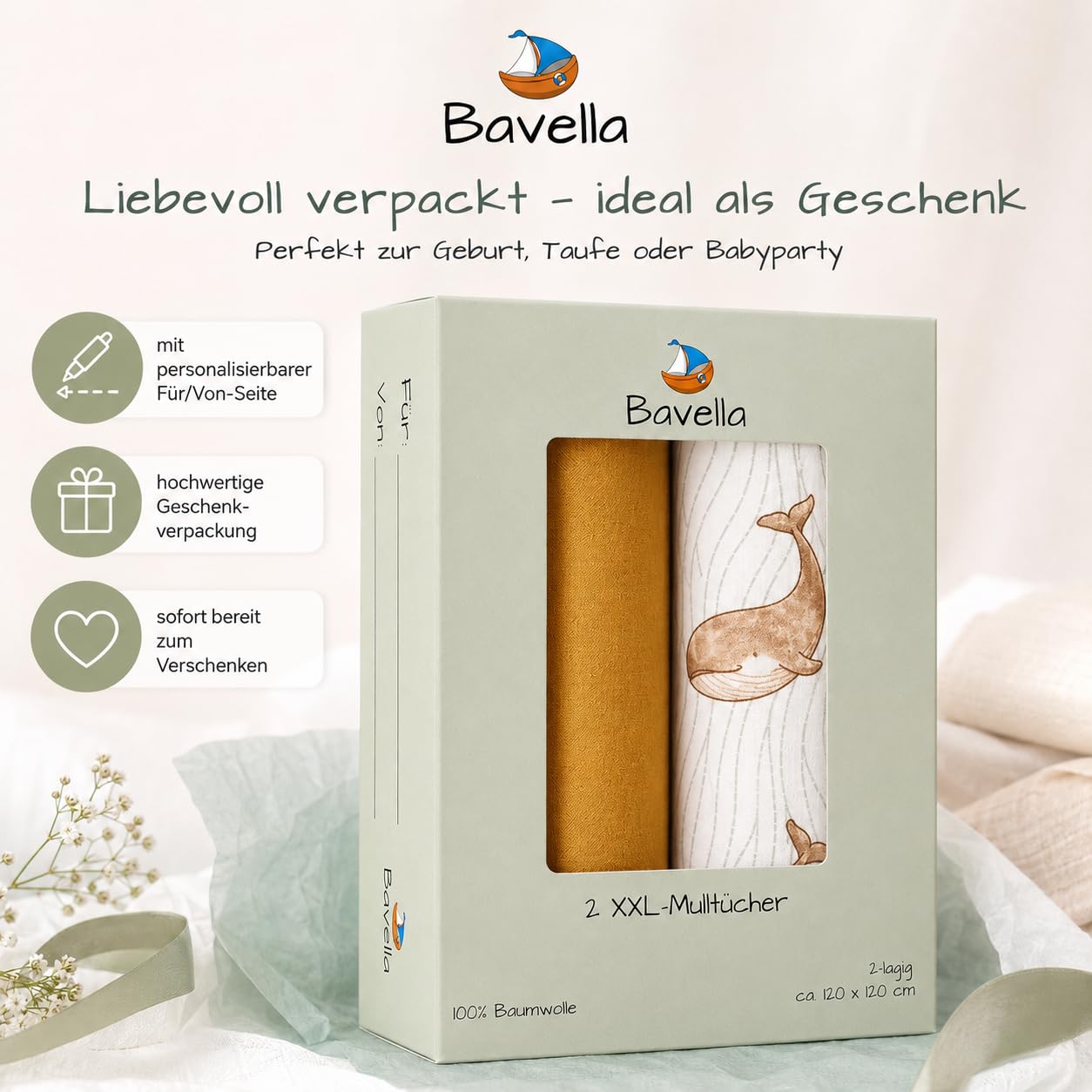 Set di 2 coperte e panno XXL in mussola (certificato Öko-Tex), 100% cotone (120 x 120 cm) – panni per sputare, panno in mussola per ragazzi e ragazze, pannolini di garza sostenibili