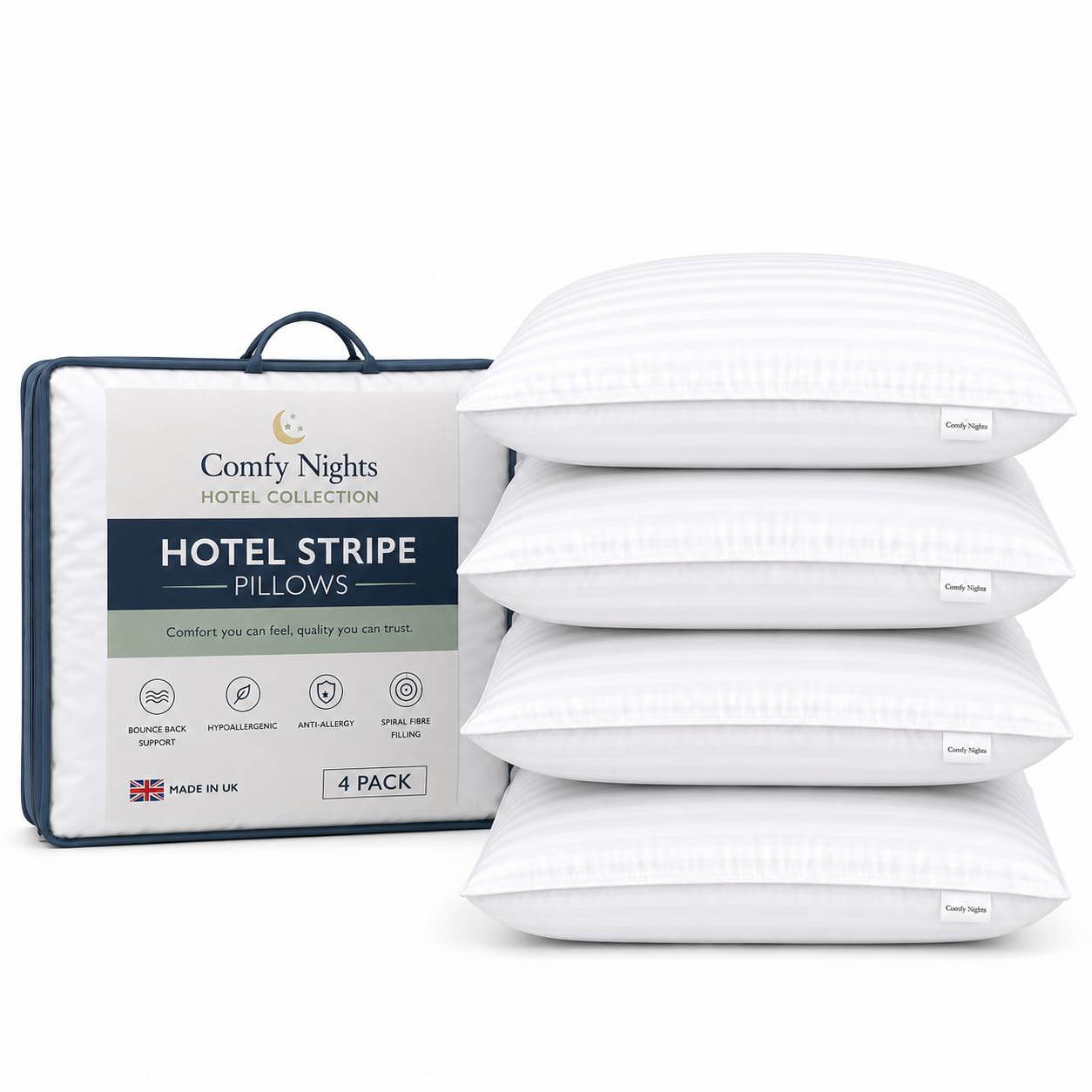 Comfy Nights Pillow 4 Pack Hotel Quality Stripe Bed Pillows Hypoallergenic & Anti Dust Mite Resistant Firm Support Side Sleeper Bounce Back Pillow (Pack of 4)