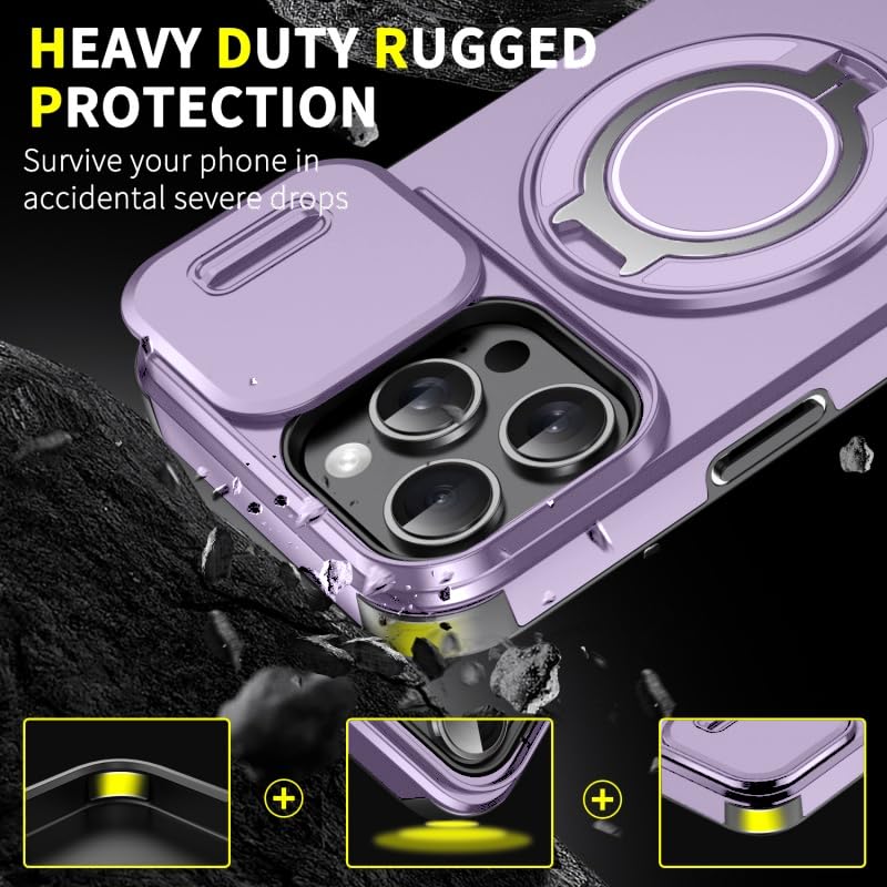 Image of LuxuryKase Shockproof Rugged Case for iPhone 16 Pro Max | Slide Camera Cover | 360 Rotating Ring Kickstand | Military-Grade Protection - Lavender Purple