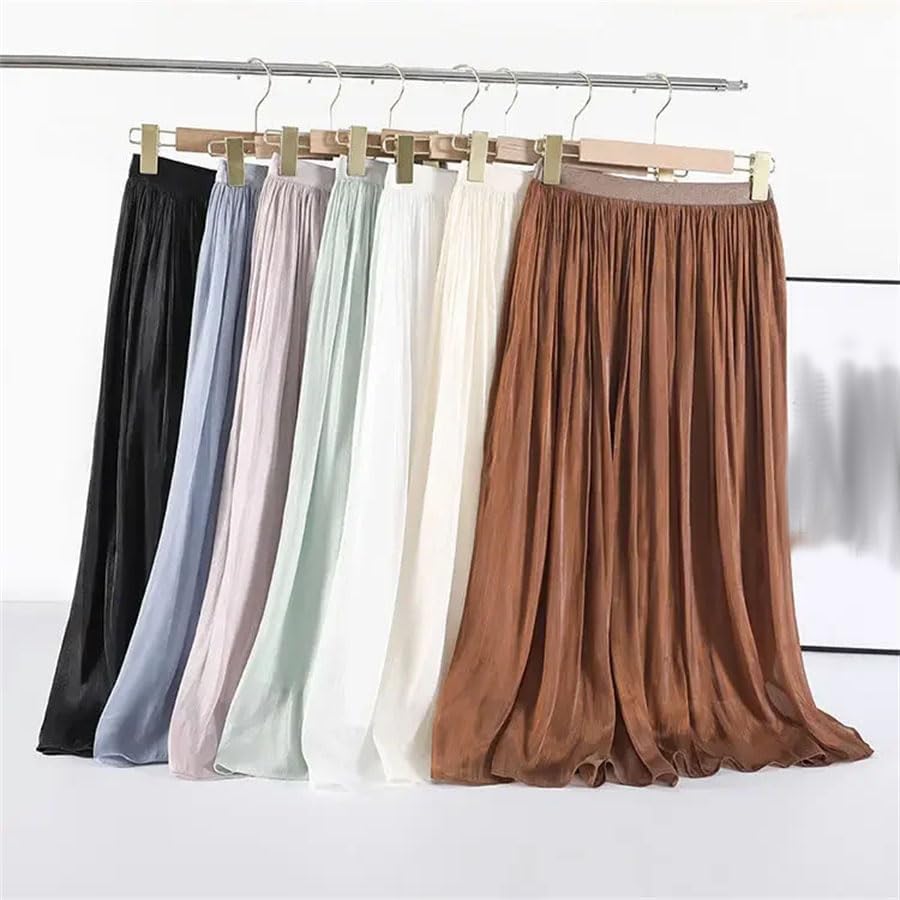 Women's Solid Satin A Line Midi Skirt with Elastic Waist Summer Casual Loose Fit Pleated Skirt2