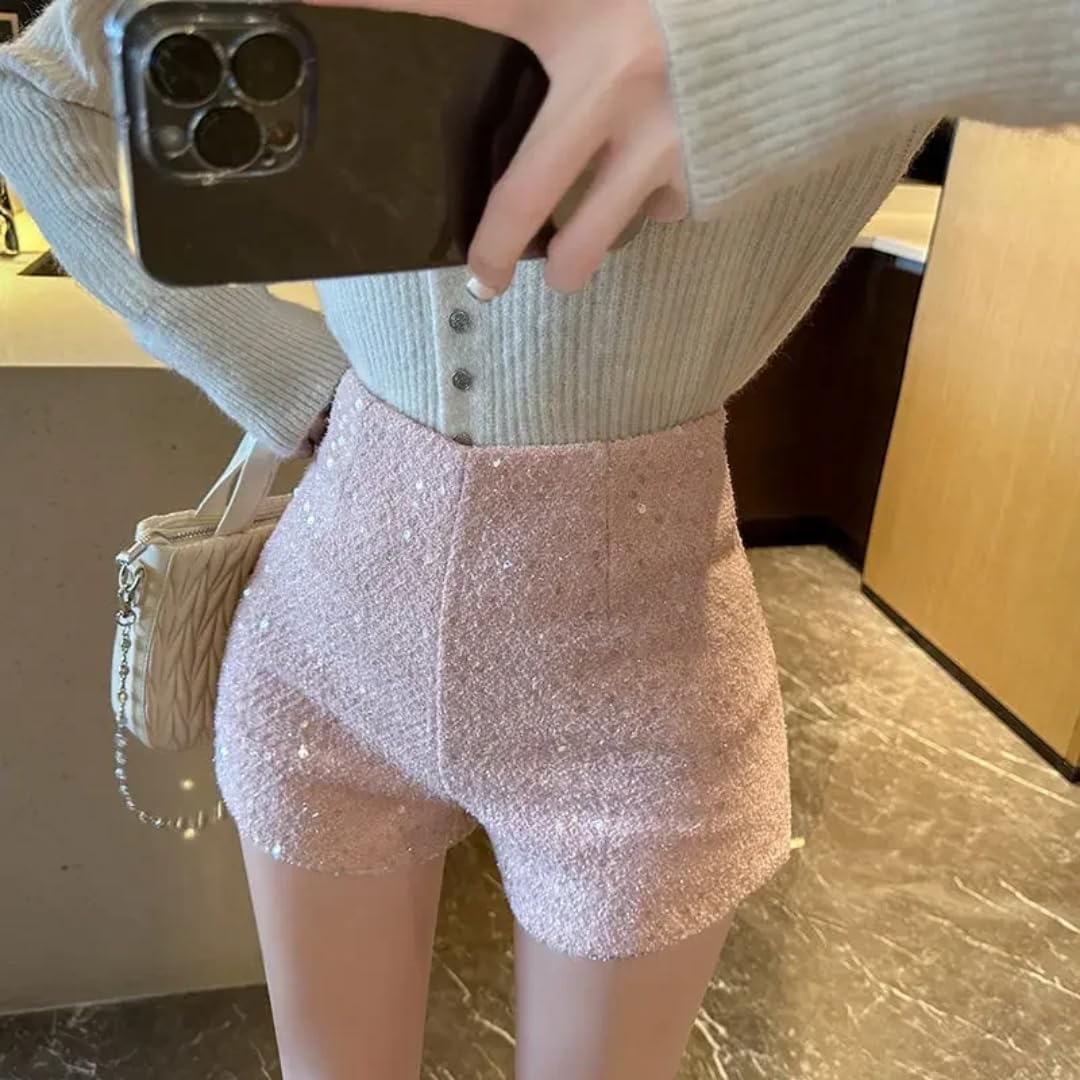 Short Jogging Femme Pantalon De Chaleur Taille Haute A-Line Shorts À Jambes Larges À Paillettes pour Femmes