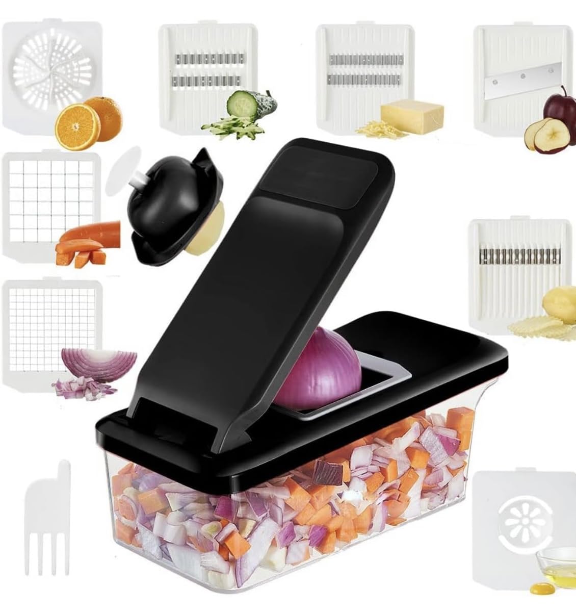 Vegetable Chopper, EASY SLICE, Multifunctional 16-in-1 Food Choppers Onion Chopper Vegetable Slicer Cutter Dicer Veggie chopper, Colander Basket, Container for Salad Potato Carrot Garlic