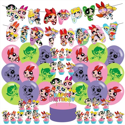The Power Girls Birthday Party Supplies Set Happy Birthday Banner Cake Topper Cupcake Toppers Balloons for Cartoon Girl Party Decorations