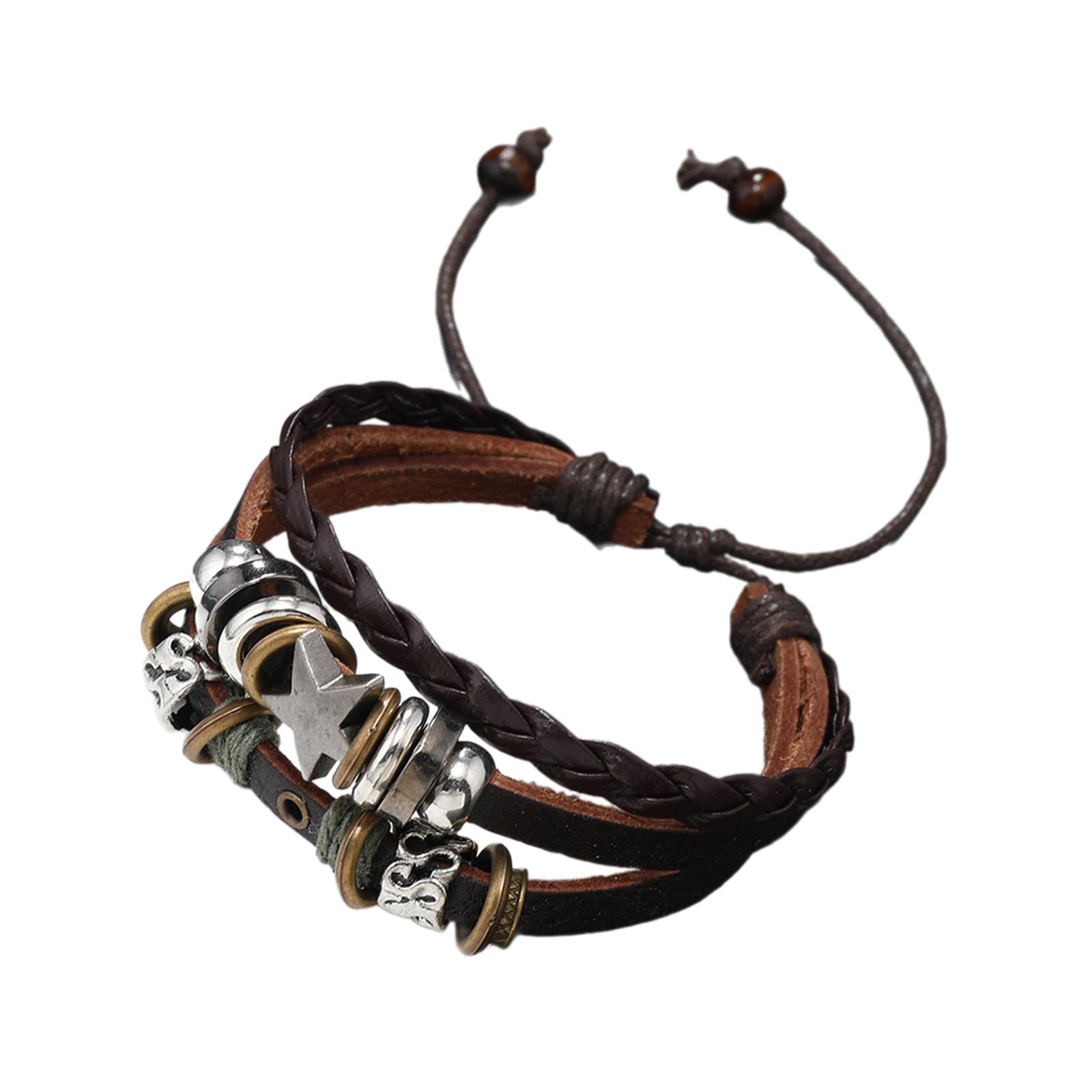Jiingekk Women's Brown Vintage Leather Bracelet Punk Star Beaded Wristband Multilayer Leather Bracelet Jewelry Punk Wrap Bracelet For Men