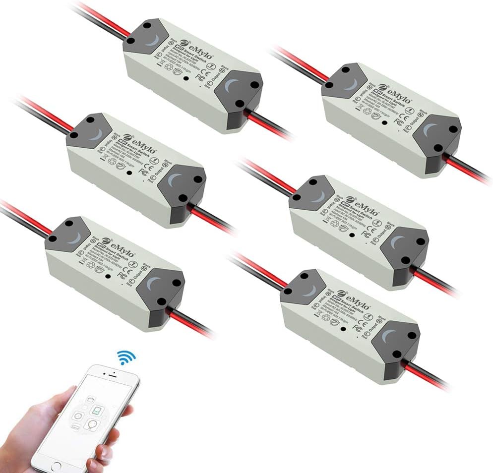 eMylo Smart WiFi Light Switch Wireless Relay Switch Module Remote Control Home Automation Timers Compatible with Alexa Echo Google Home iPhone Android App (6 Pack)