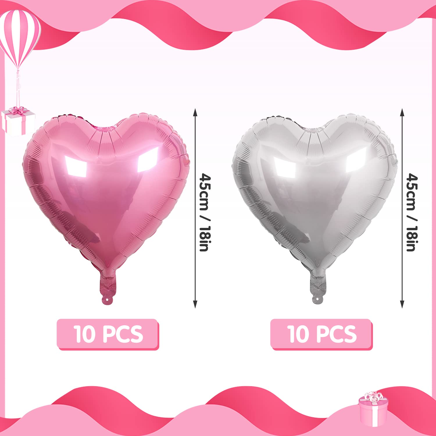 20 Palloncini A Forma Di Cuore Rosa E Argento 46cm - Mylar Metallici Per Decorazioni San Valentino, Matrimonio, Anniversario
