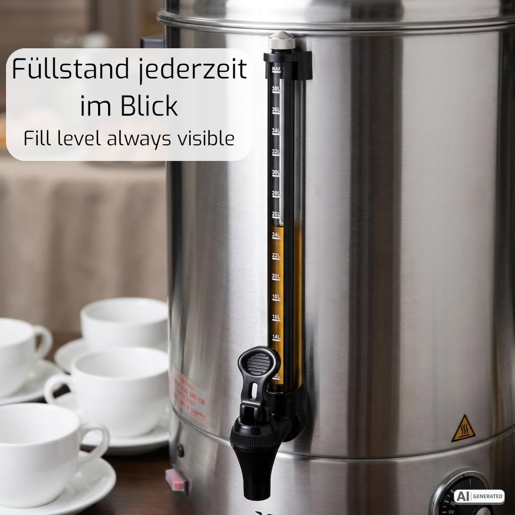 SARO HOT DRINK MINI Hervidor de vino caliente y dispensador de agua caliente, 10 l, acero inoxidable, temperatura 30-110 °C, luces de control, protector térmico