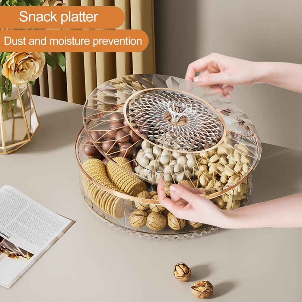 Vassoio da portata diviso con coperchio, vassoio per snack con 6 scomparti e 5 forchette, contenitore rotondo per salumi, piatti portatili per snack, verdure, caramelle, noci