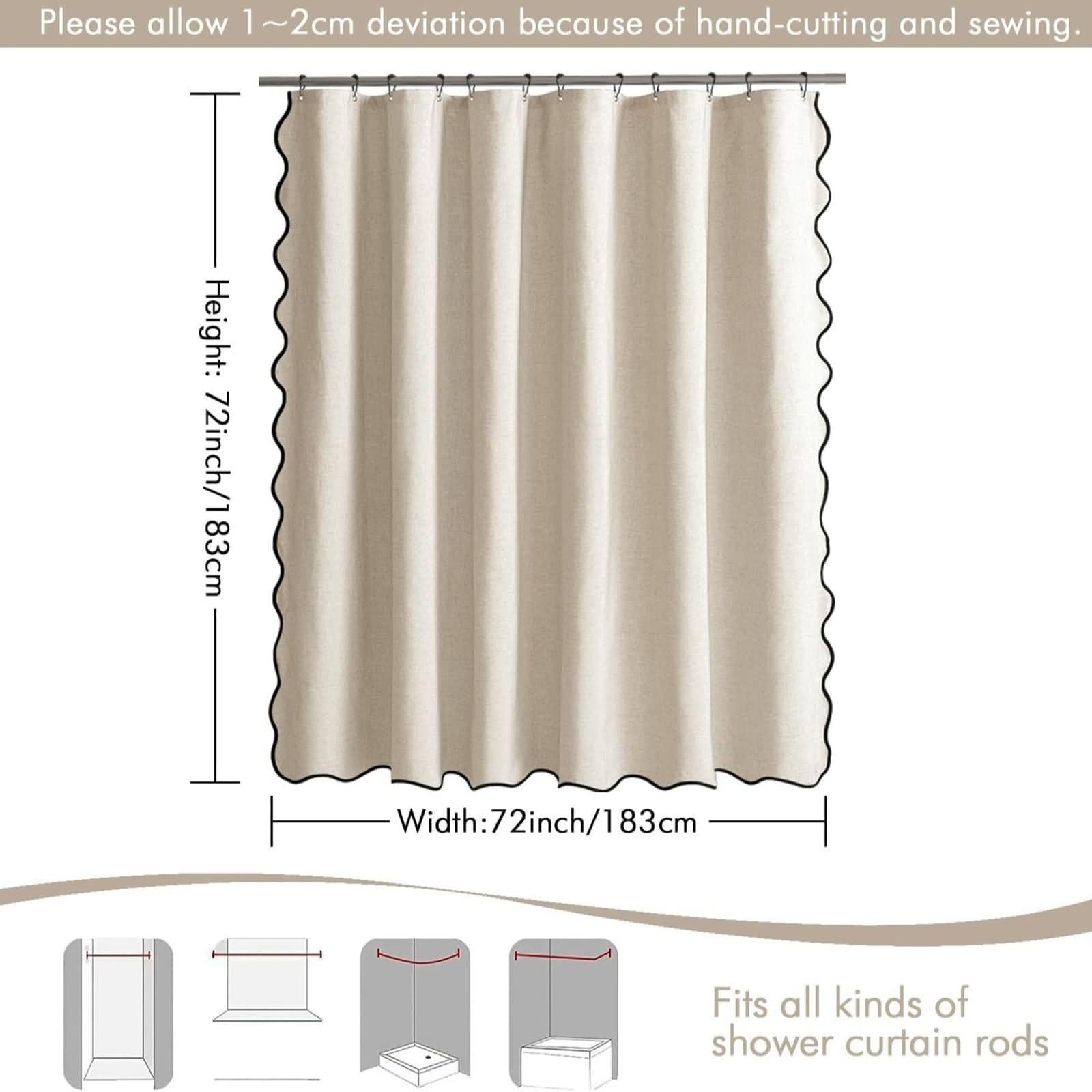 Duschvorhang 180x200cm Polyester Schimmelresistent mit 12 Ringen | Einfarbig Beige mit Schwarz Welle,Wasserabweisende Textilien,Rostfreie Ösen,Blickdicht für Bad Wanne Hotel Ferienwohnung