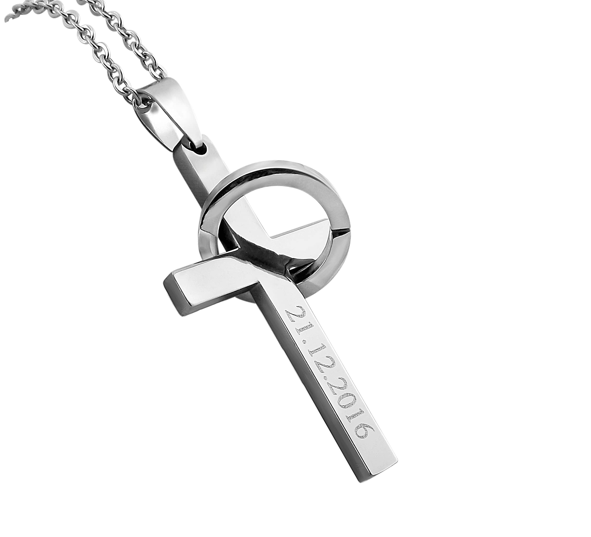 Personalisierte Kette mit Gravur Edelstahl 50 cm mit Anhänger Kreuz mit Datum in silber - Personalisierte Halskette für Frauen Männer - Personalisierter Schmuck Damen Herren Kettenanhänger