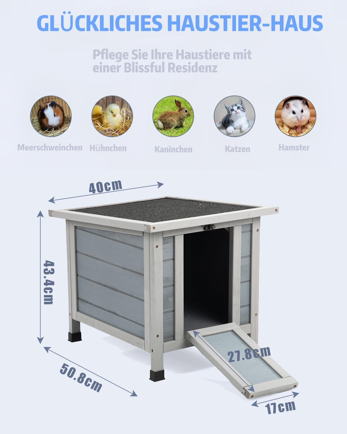 Multifunktionales Wetterfestes Holz-Haustierhaus mit Asphalt Dach für Katzen, Den kaninchenkäfig, Hunde, Kaninchen & Enten，Holzfarbe，grau (grau)