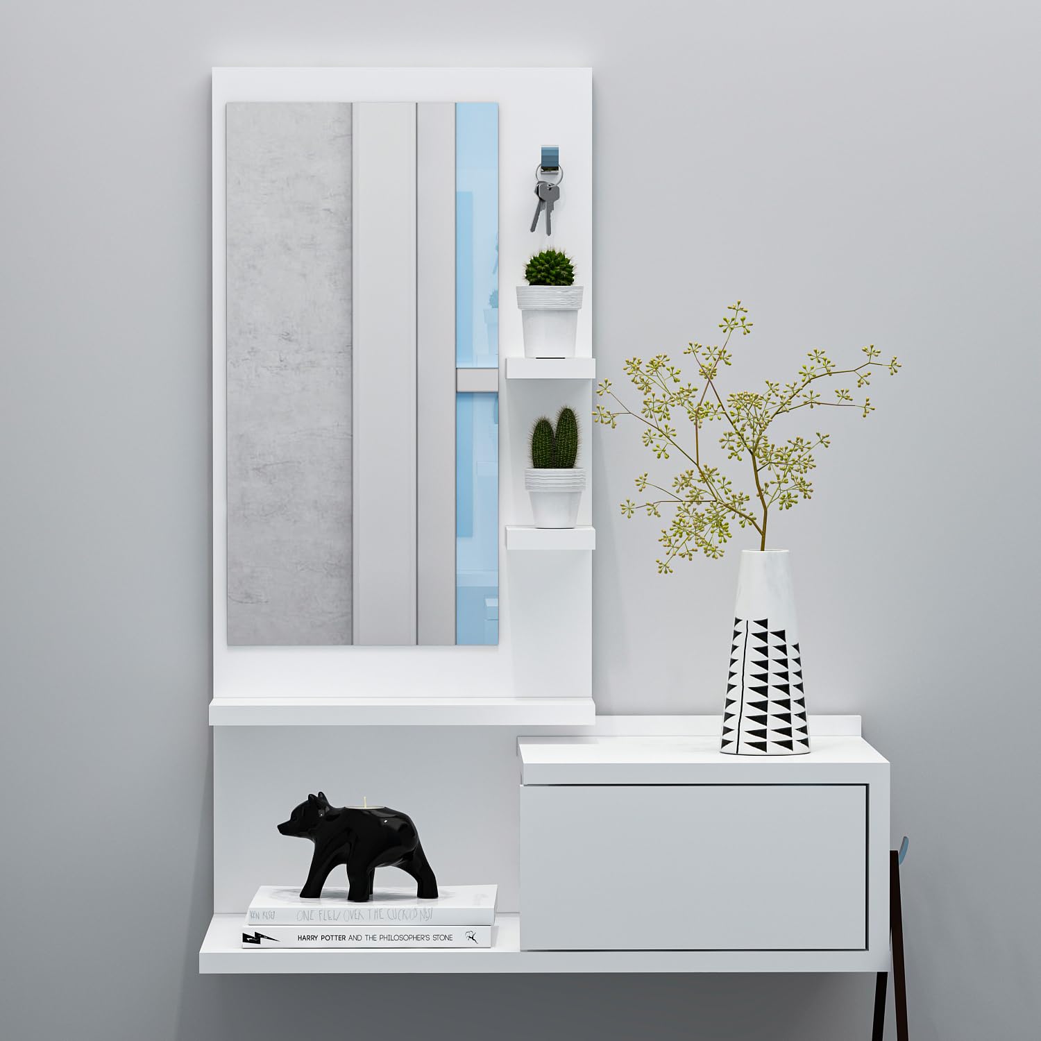 HOMIDEA ENKI Mobile sospeso per corridoio - Armadio con specchio - Armadio a parete per ingresso con cassetto, specchio e ripiano dal design moderno (bianco/bianco)