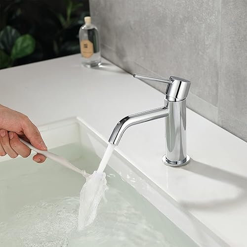 Miniatura 6 de Grifo de baño cromado de un solo agujero, grifo de agua de una sola manija para baño con ensamblaje de drenaje emergente y líneas de suministro