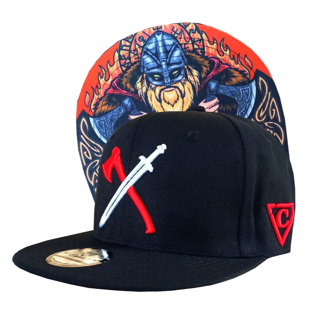 Capiche [99+ Variations] Black Snapback Hat for Men, The Viking RW, Red and White Logo, Vikings Hat, Norse Warriors, Fighting, Gift Strong Friend, Axe Sword, LARP, Durable Baseball Cap