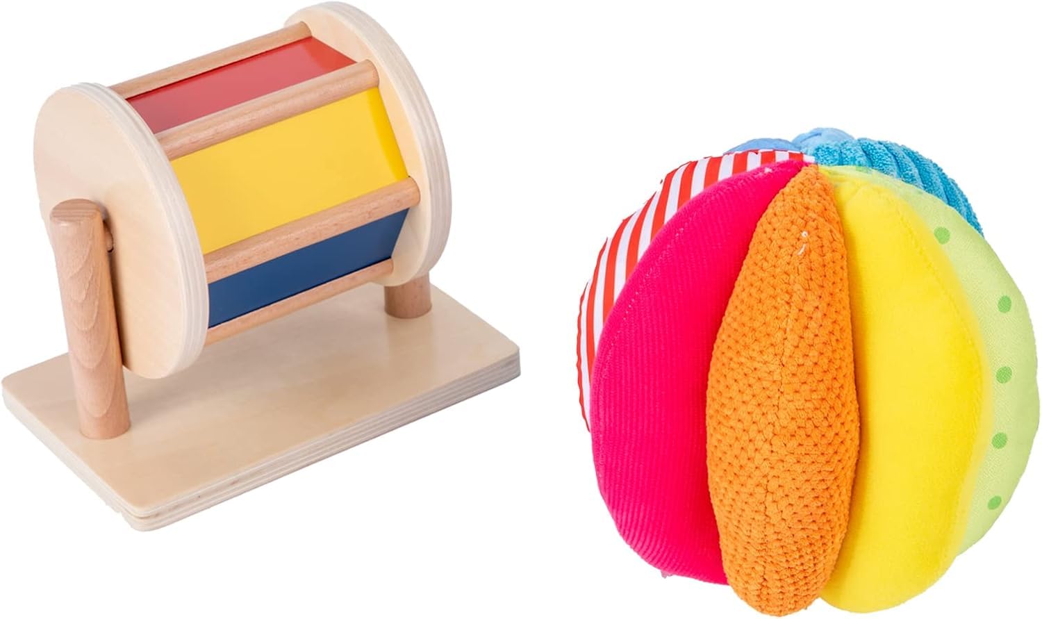 Adena Montessori Juego de juguetes para bebé con espejo Montessori, rompecabezas de botón Peekaboo, tambor giratorio medio y juego de bolas de tela arcoíris para niños de 6 a 12 meses (juego 3)