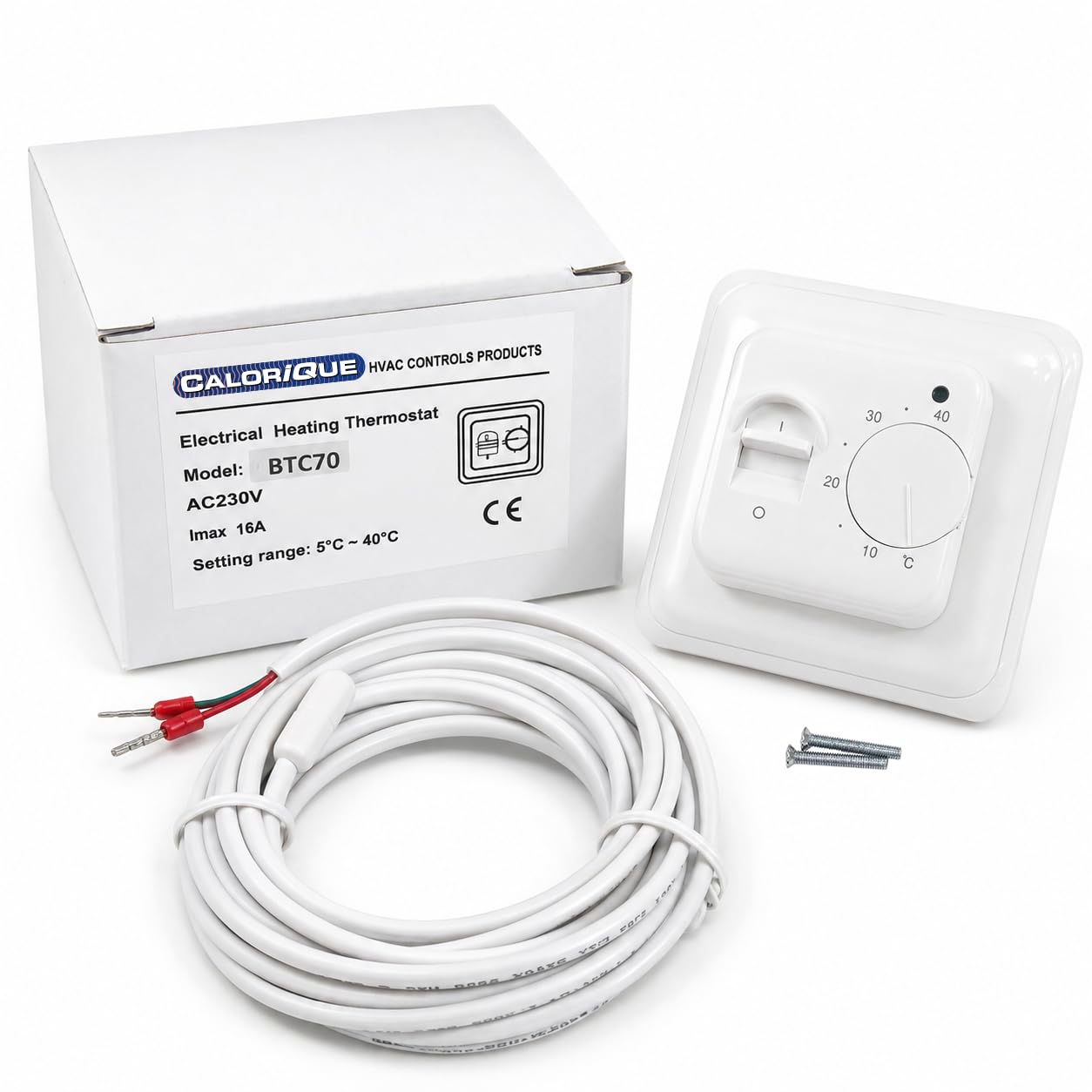Fußbodenheizung Thermostat Elektrisch Regler mit Bodensensor Fühler 230V 16A, CALORIQUE BTC70 Manuell Raumthermostat Mechanisch Unterputz Fussbodenheizung Fußbodenheizungsregler