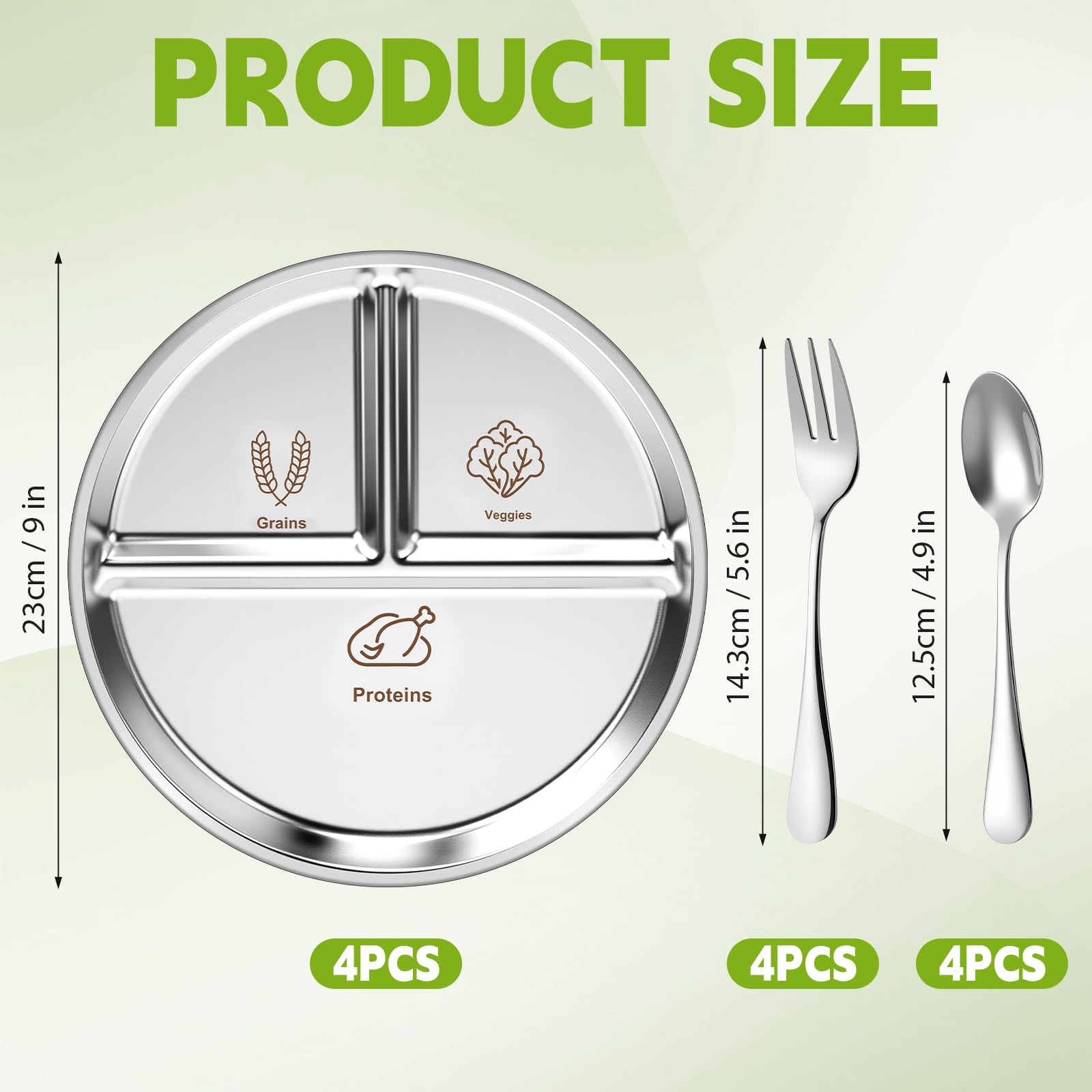 Jinei 4 Set 9 Inches Stainless Steel Bariatric Portion Control Plate and Silverware Set 3 Divided Sections Metal Bariatric Bowls Containers for Portion Control, Diet and Weight Loss, Fitness